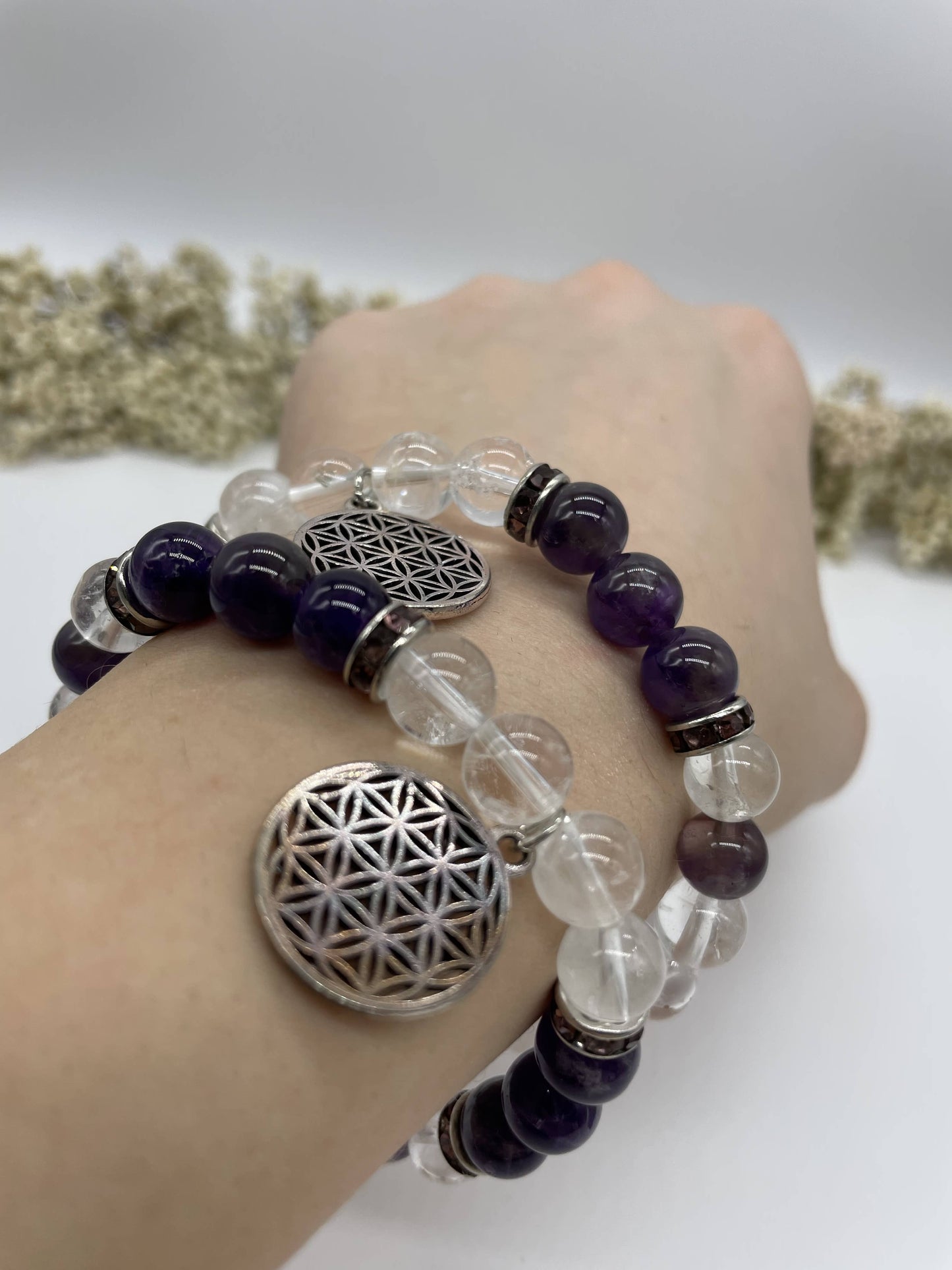 Armband Bergkristall-Amethyst mit Blume des Lebens
