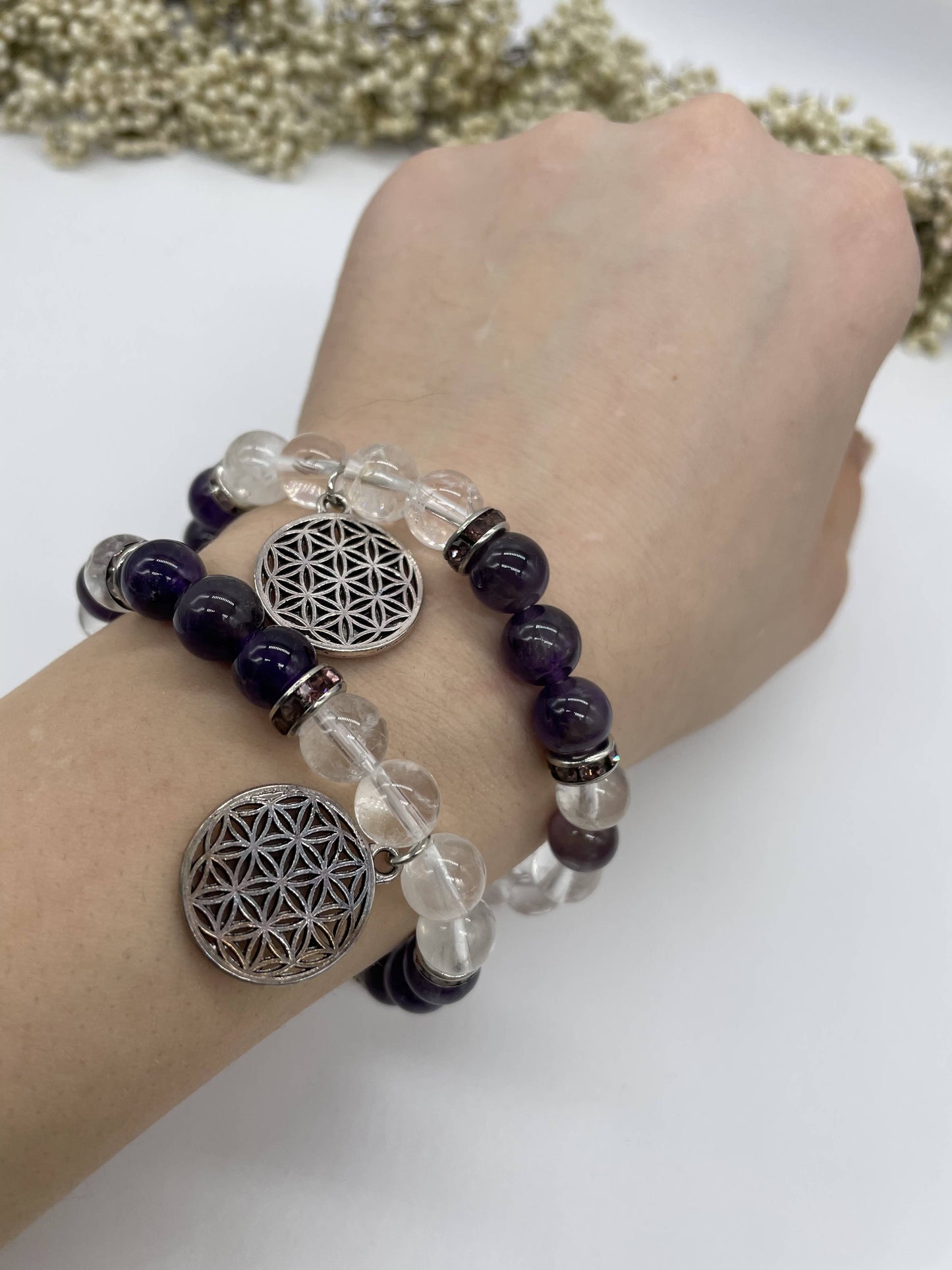Armband Bergkristall-Amethyst mit Blume des Lebens
