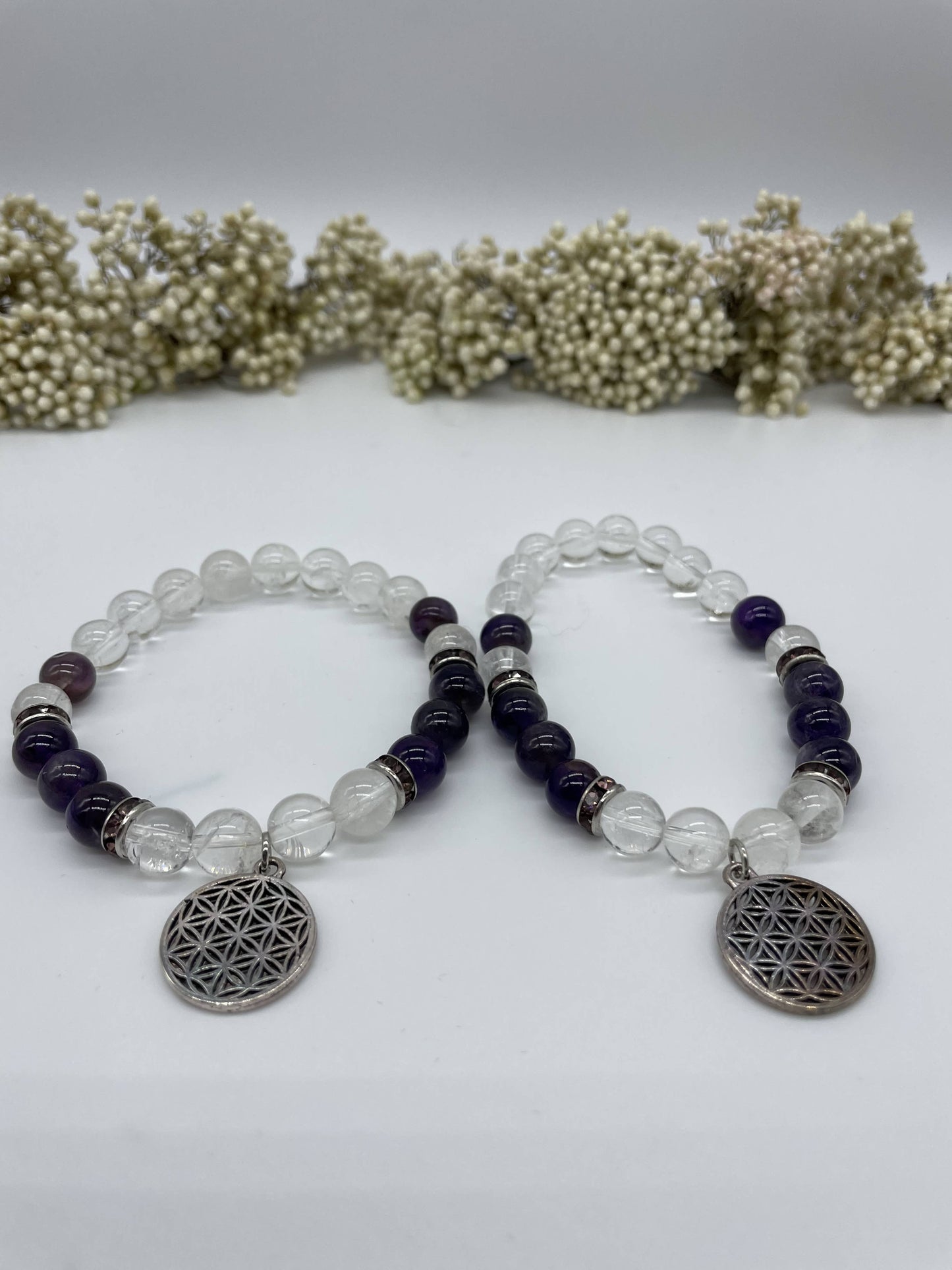 Armband Bergkristall-Amethyst mit Blume des Lebens