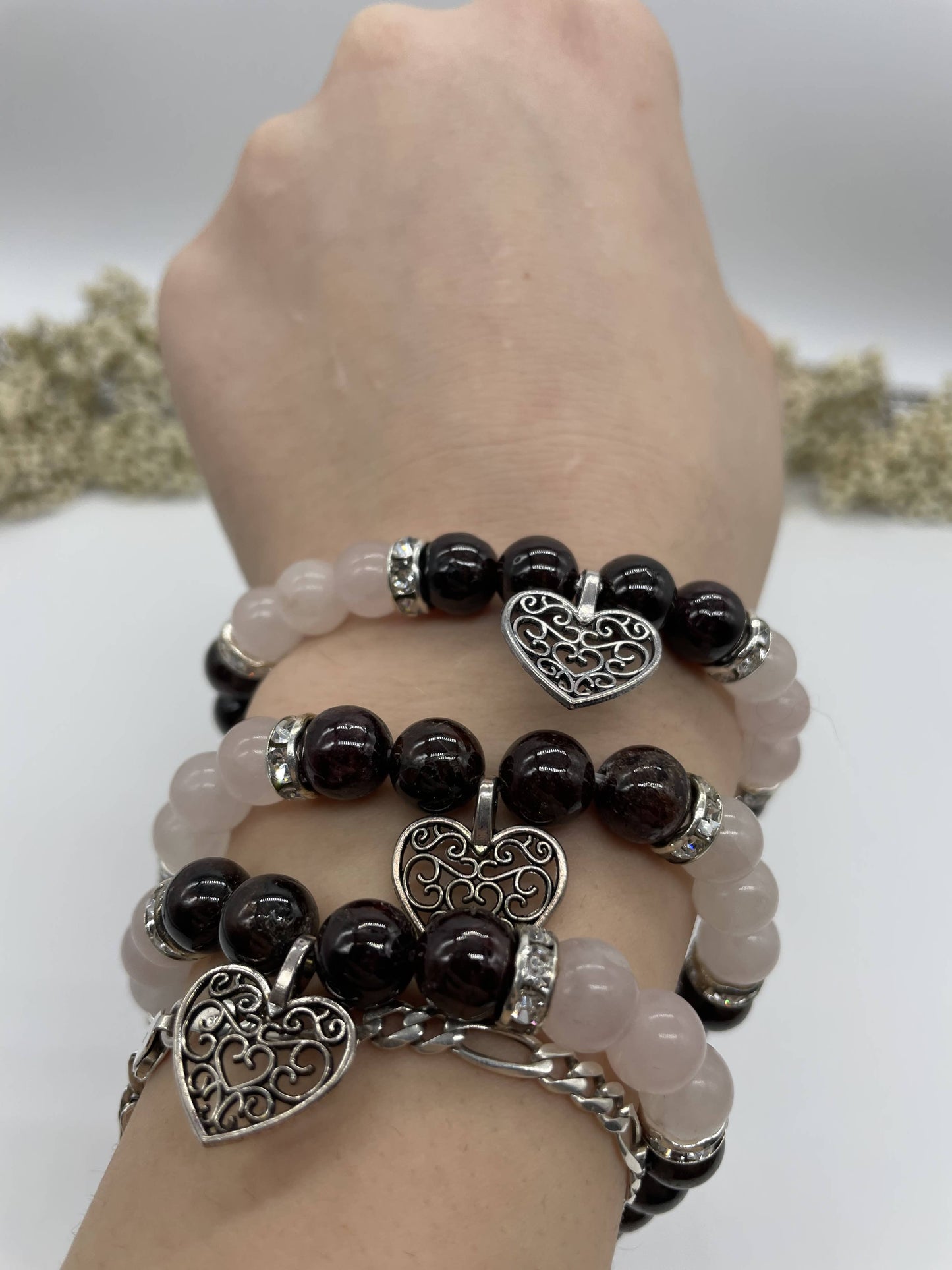 Armband Granat-Rosenquarz mit Herz